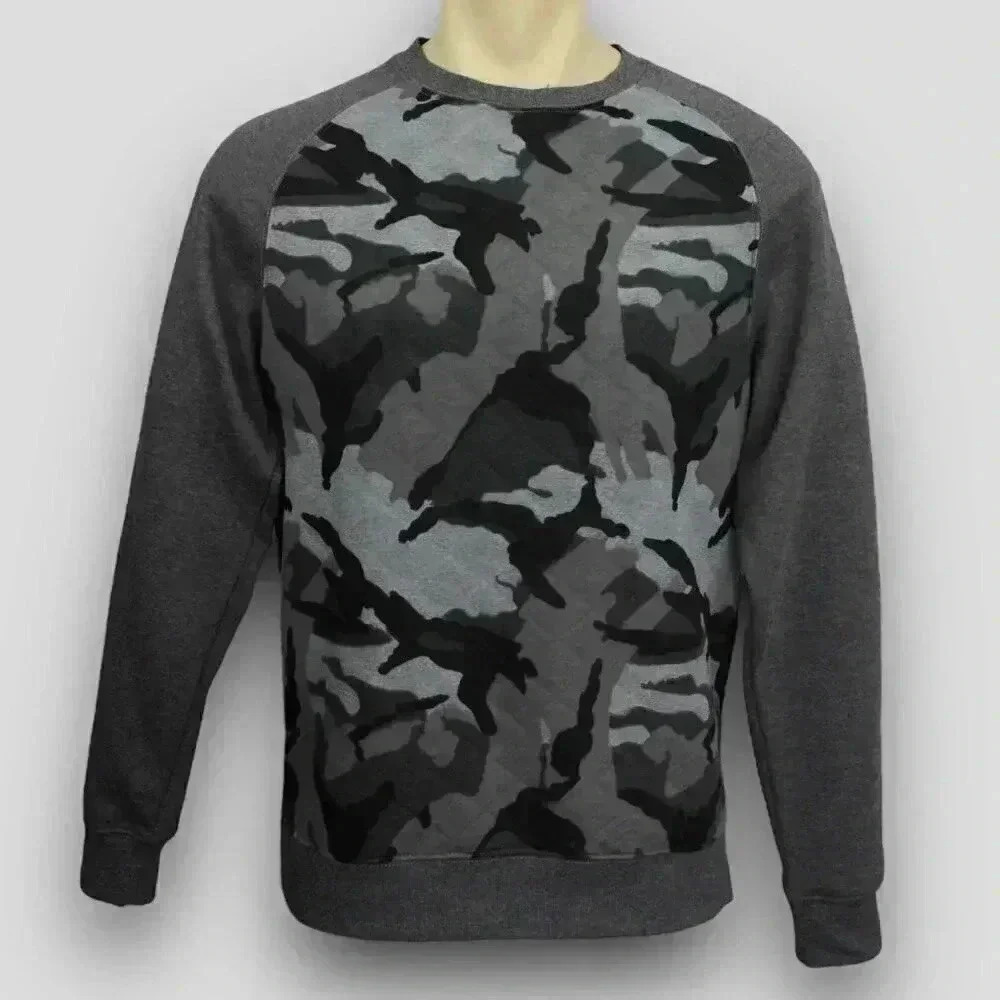 George Men's Camo Print Sweatshirt M Grey Quilted Panel Crew Neck Pullover